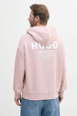 Bavlnená mikina Hugo Blue pánska, ružová farba, s kapucňou, s potlačou, 50510724