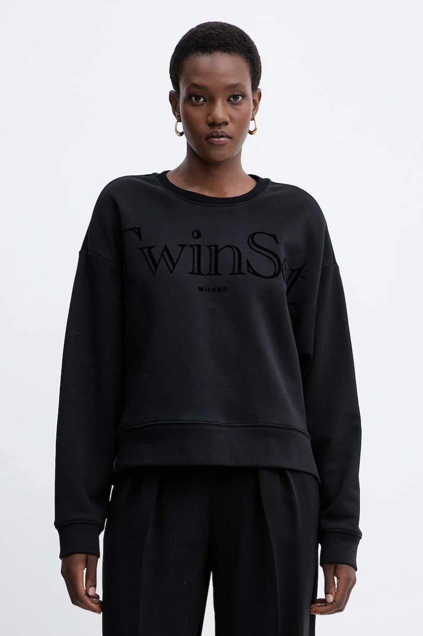 Bavlnená mikina Twinset čierna farba, s potlačou, 252TT2330