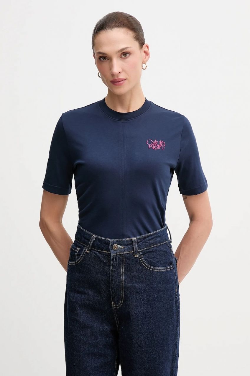 Bavlnené tričko Calvin Klein Jeans dámske, tmavomodrá farba, LV047D211G