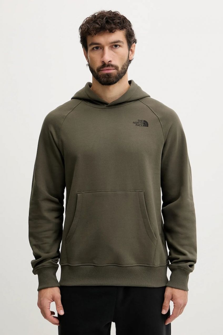 Bavlnená mikina The North Face zelená farba, s kapucňou, s potlačou, NF0A8E3KFA41