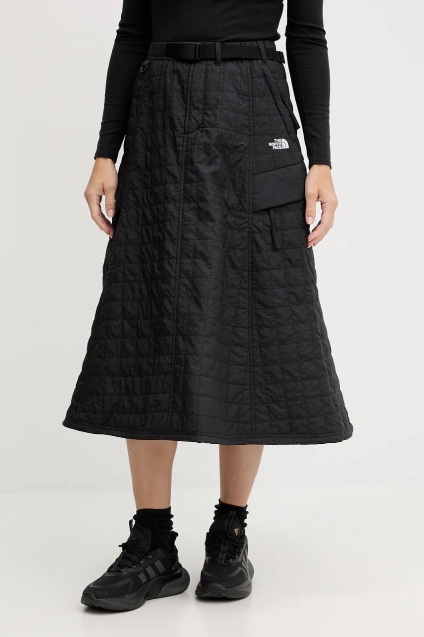 Sukňa The North Face Quilted Volume čierna farba, midi, áčkový strih, NF0A8E7BJK31