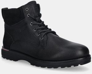 Kožená obuv Tommy Hilfiger CORPORATE W LTH LACE BOOT čierna farba, FM0FM05606