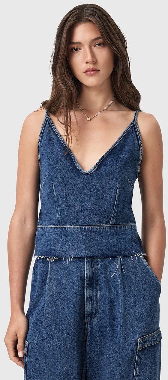 Riflová blúzka AllSaints LILAH modrá farba, jednofarebná, W006PD