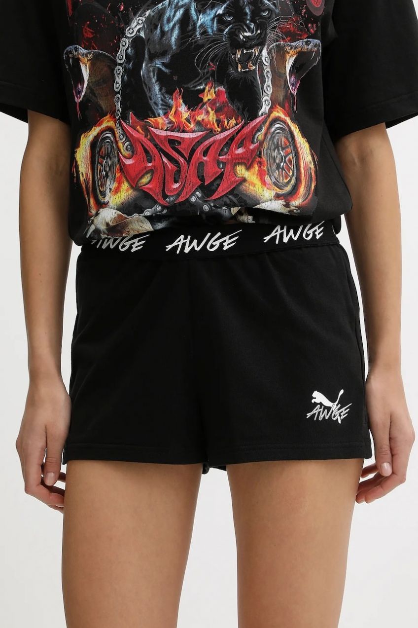 Bavlnené šortky PUMA x A$AP ROCKY dámske, čierna farba, s nášivkou, vysoký pás, 635071