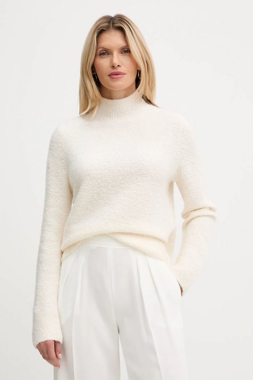 Sveter s prímesou vlny BOSS béžová farba, ľahké, s polorolákom, 50547907