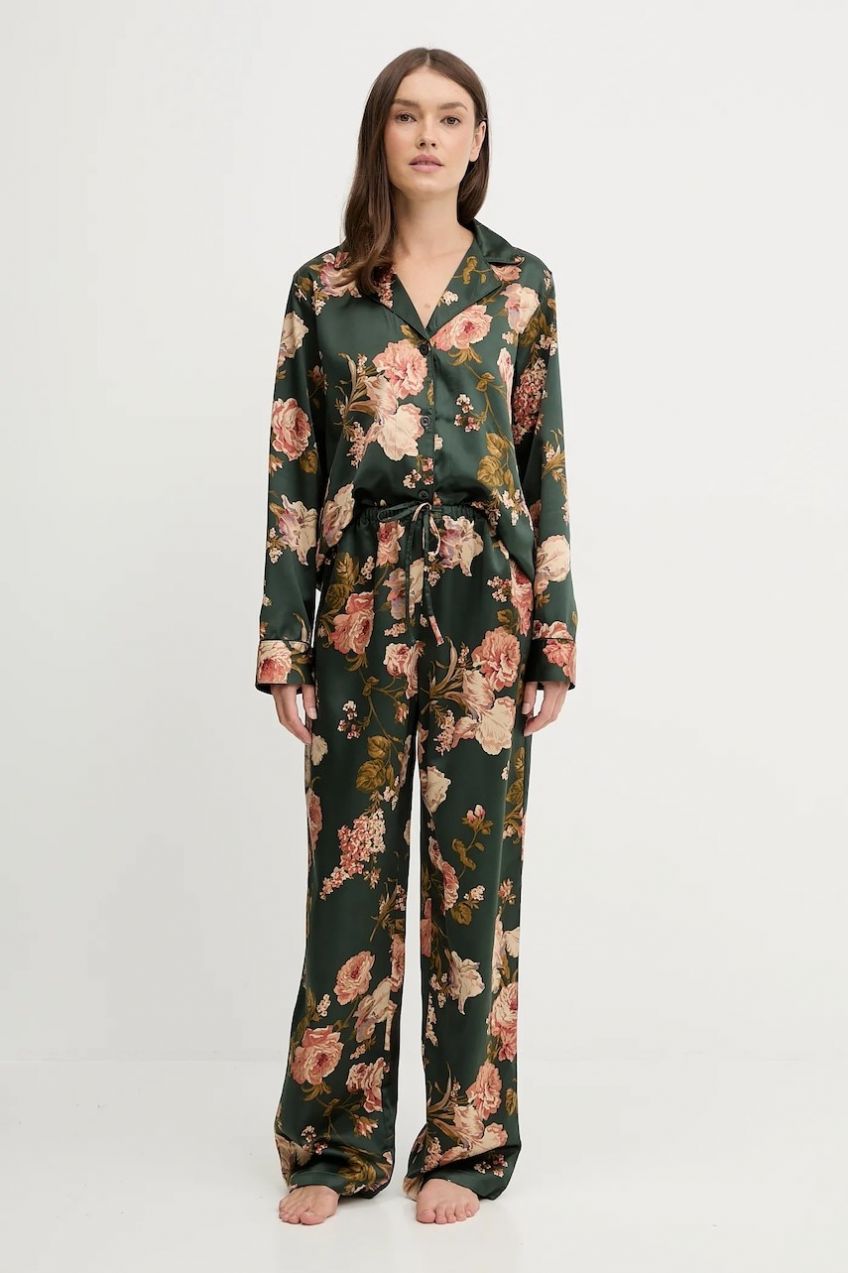 Pyžamo Lauren Ralph Lauren dámske, zelená farba, saténové, ILN72461