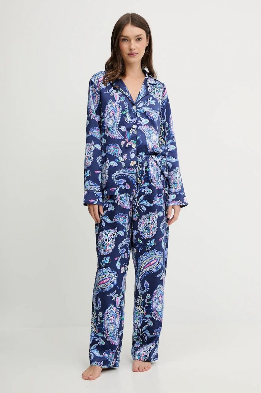 Pyžamo Lauren Ralph Lauren dámske, modrá farba, saténové, ILN92480