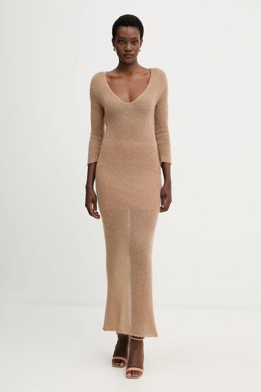 Šaty s prímesou vlny Liviana Conti hnedá farba, maxi, rovný strih, L5WG63
