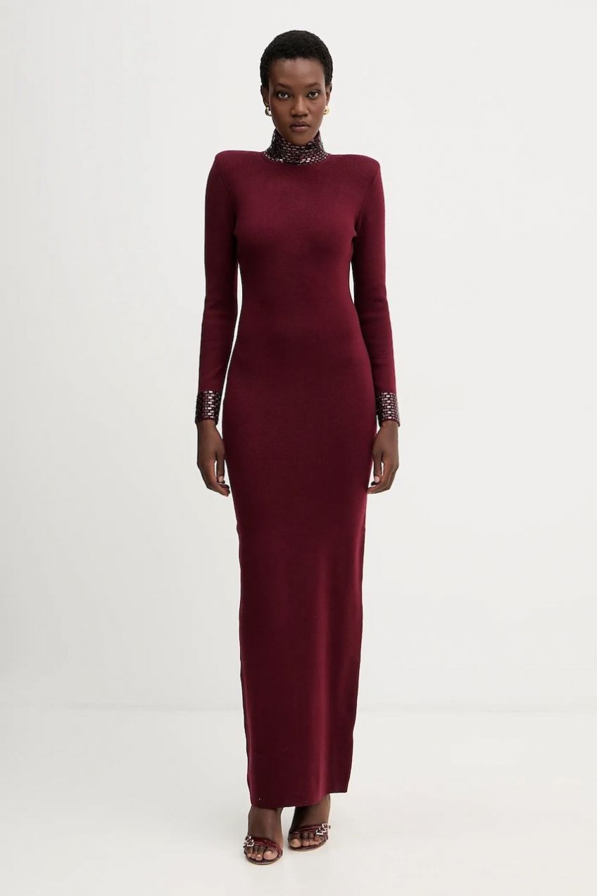 Šaty s prímesou vlny Retrofete Monroe bordová farba, maxi, priliehavé, HL24-8110