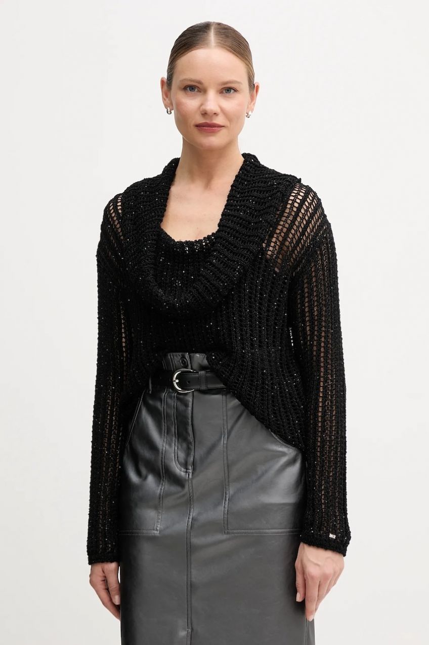 Sveter Tommy Hilfiger čierna farba, ľahké, s polorolákom, WW0WW46762