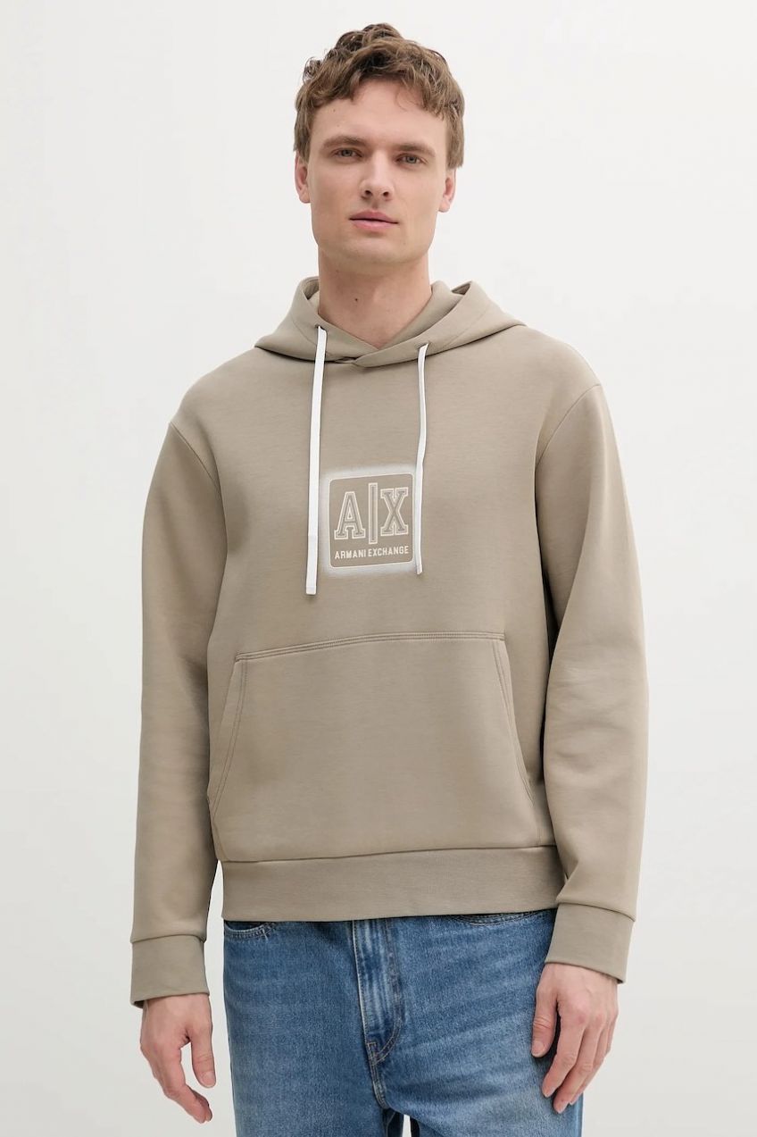 Mikina Armani Exchange béžová farba, s kapucňou, s potlačou, XM000482 AF10818