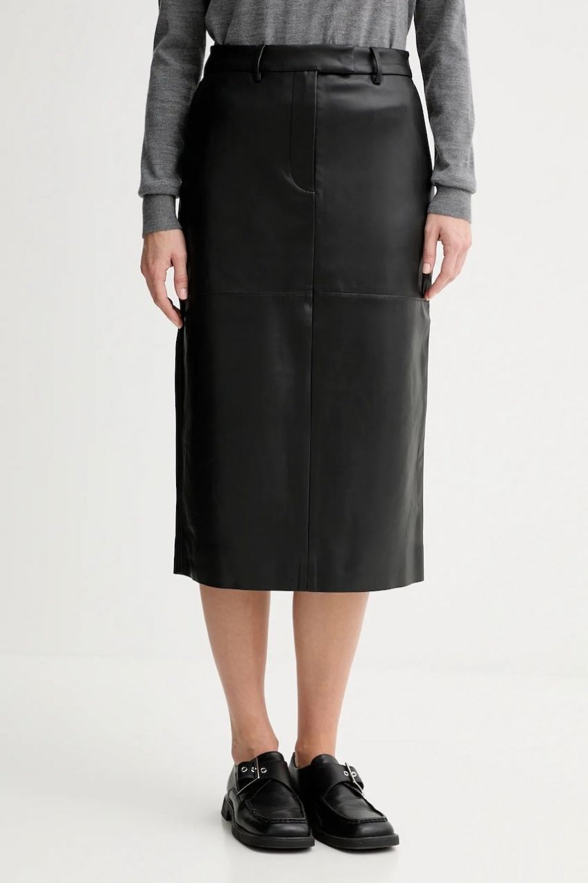 Sukňa Calvin Klein čierna farba, midi, rovný strih, LV044D651G