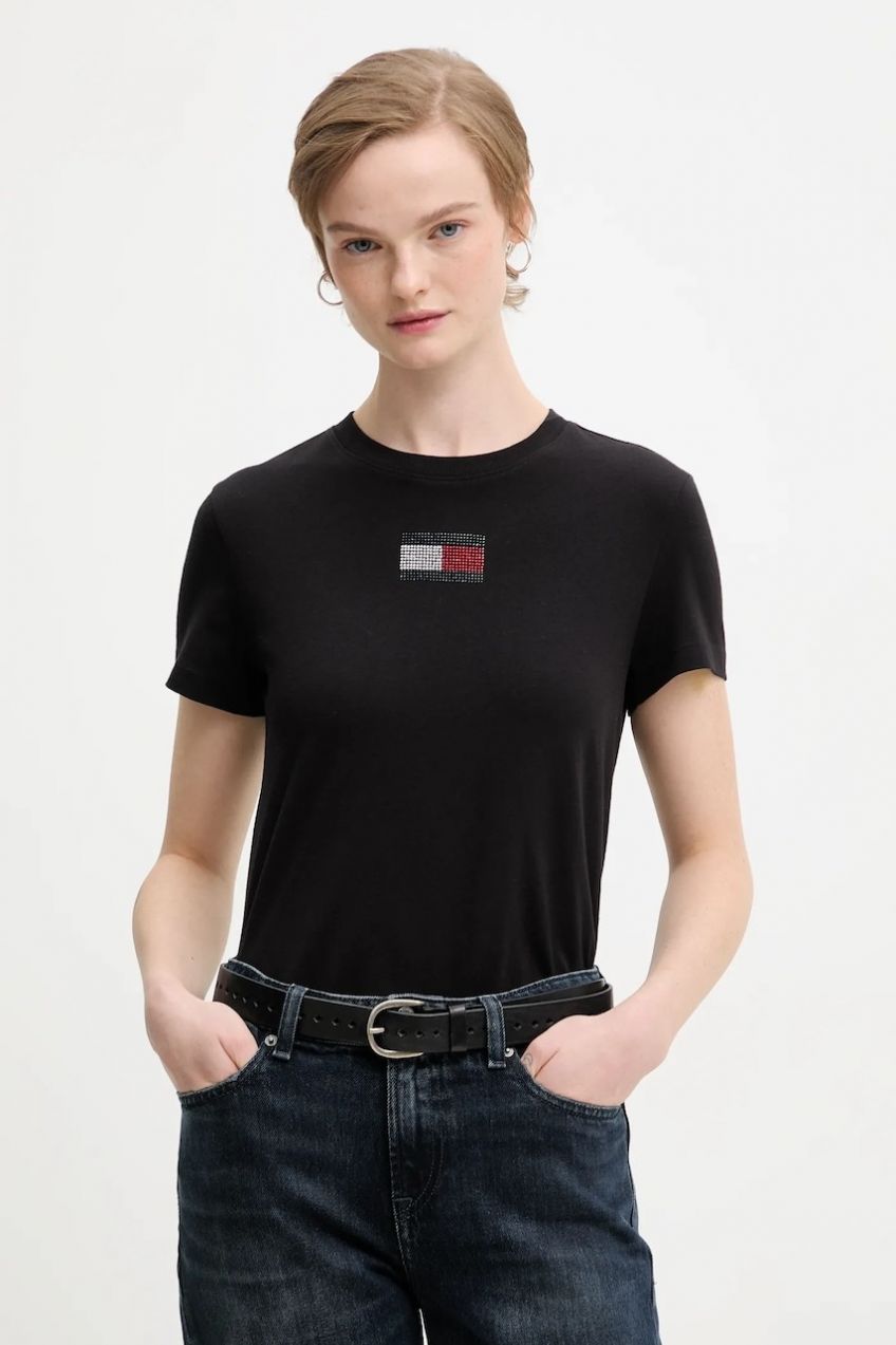 Bavlnené tričko Tommy Jeans dámske, čierna farba, DW0DW21965