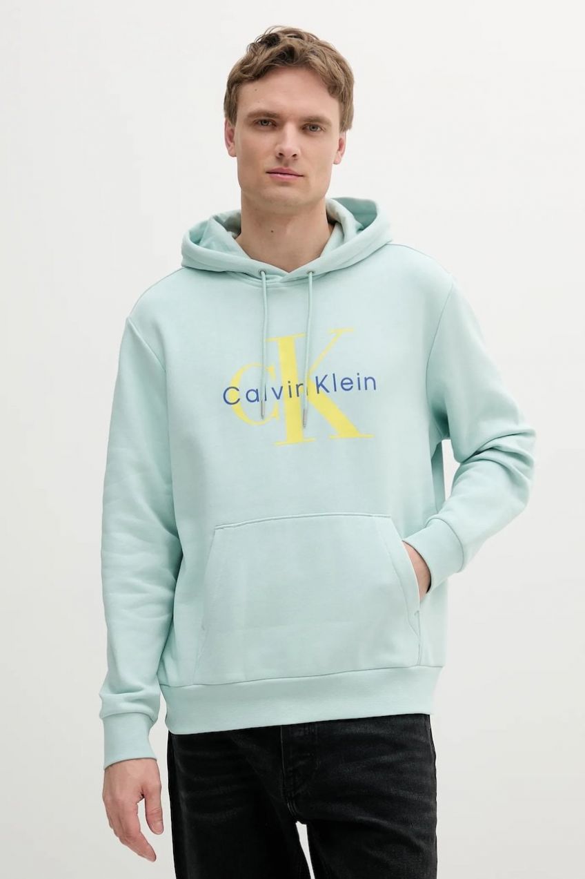 Mikina Calvin Klein Jeans pánska, tyrkysová farba, s kapucňou, s potlačou, LV040BM800