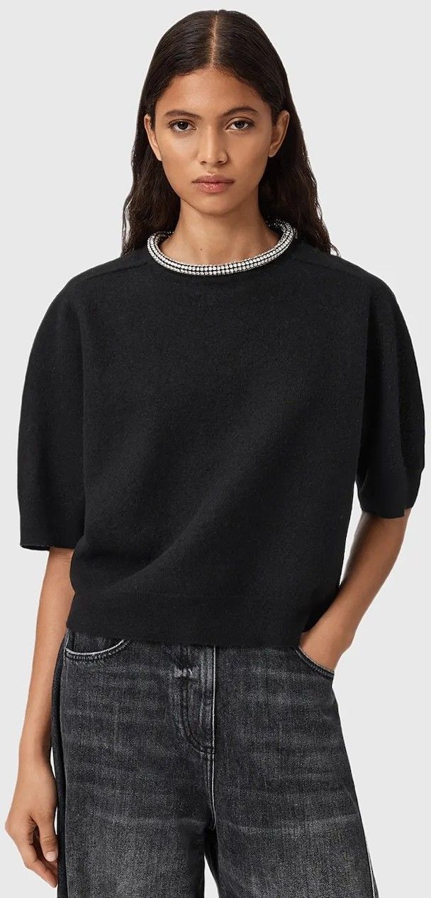 Vlnené tričko AllSaints ODELL čierna farba, W049KD