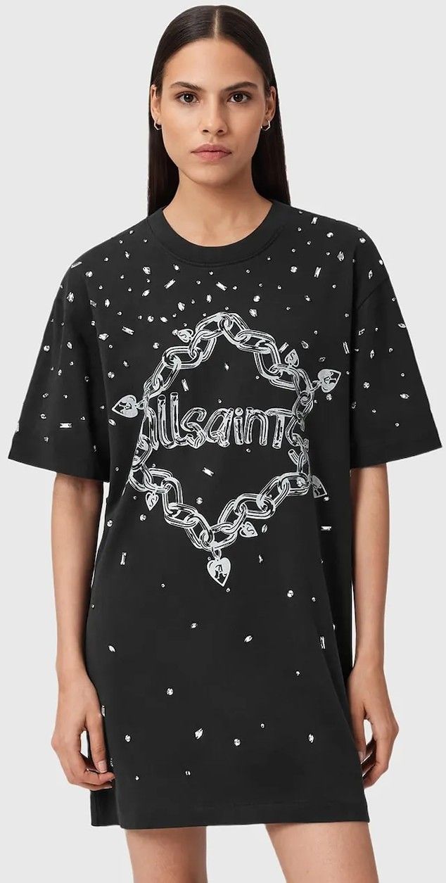 Bavlnené šaty AllSaints DRIP čierna farba, mini, oversize, W082DD