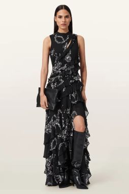 Viskózové šaty AllSaints CADY čierna farba, midi, áčkový strih, W004DD