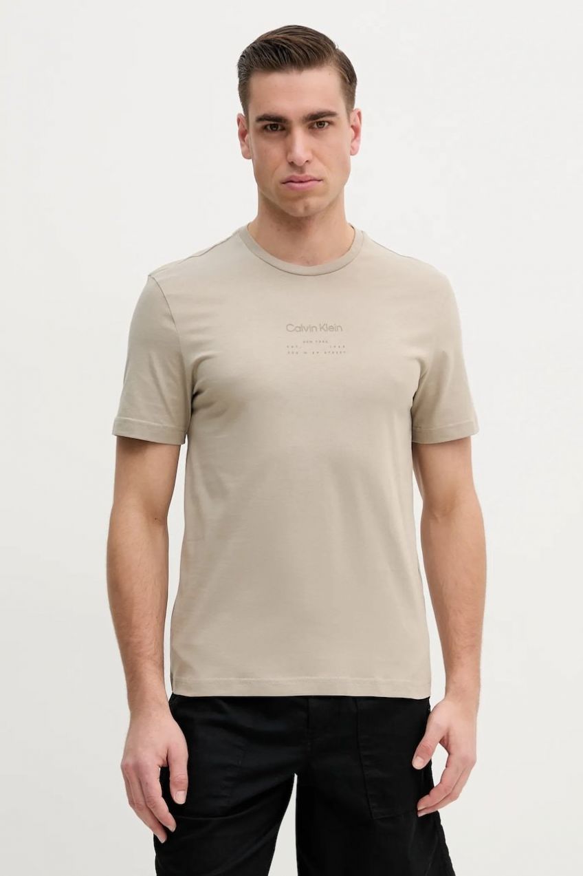 Bavlnené tričko Calvin Klein pánske, béžová farba, s potlačou, K10K114172