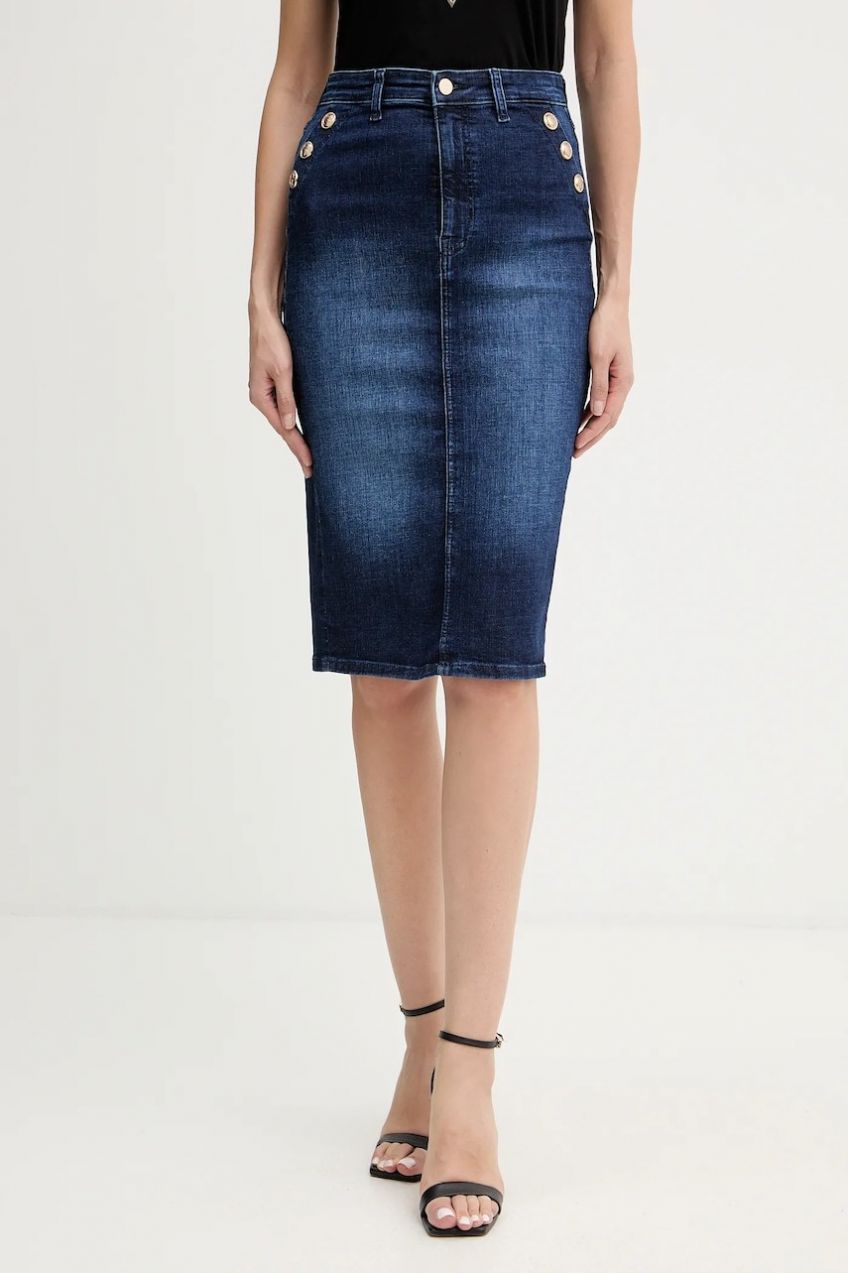 Rifľová sukňa Guess RILEY tmavomodrá farba, midi, puzdrová, W5BD1T D0791