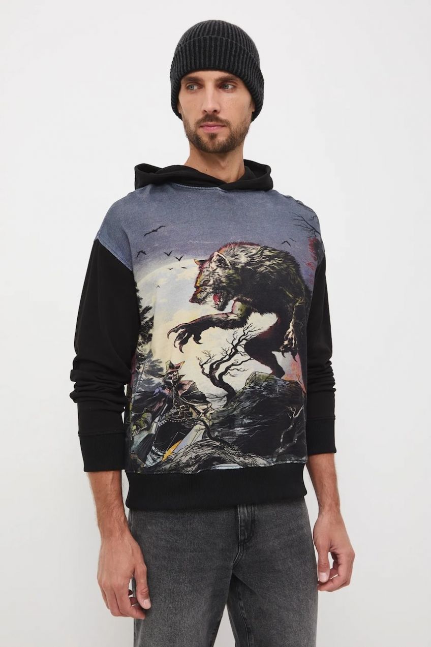 Bavlnená mikina Medicine čierna farba, s kapucňou, vzorovaná