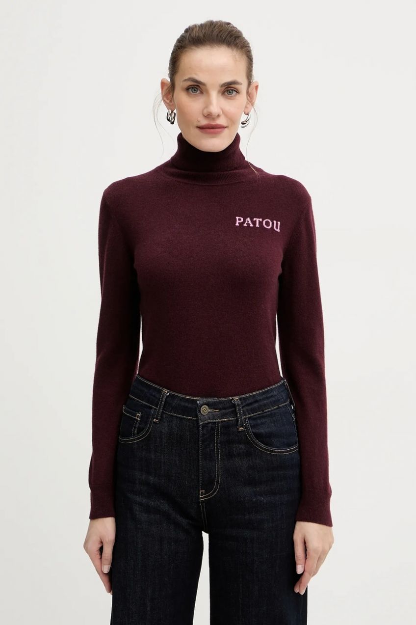 Vlnený sveter Patou bordová farba, ľahké, s rolákom, KN3088041