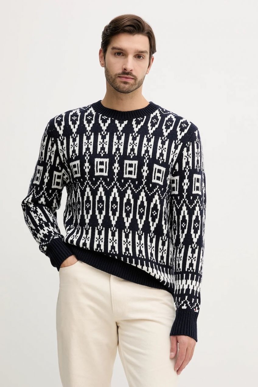 Sveter s prímesou vlny Tommy Hilfiger tmavomodrá farba, teplé, MW0MW42085