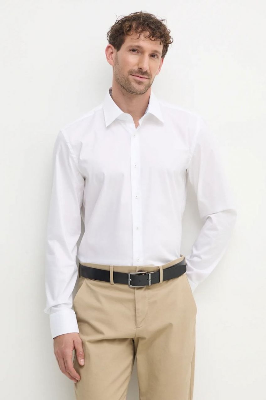 Bavlnená košeľa BOSS pánska, biela farba, slim, s klasickým golierom, 50532875