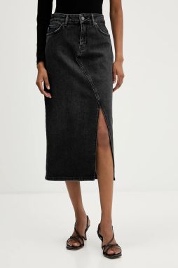Rifľová sukňa Hugo Blue čierna farba, midi, rovný strih, 50546327
