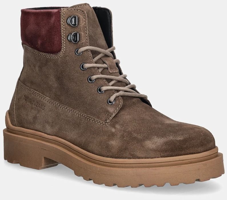 Kožené vysoké topánky Tommy Jeans TJM LACE UP BOOT SUEDE hnedá farba, EM0EM01642