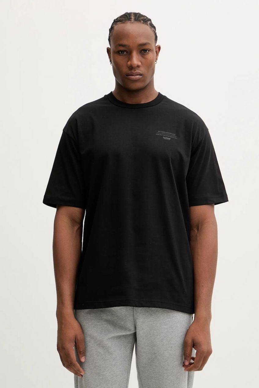 Bavlnené tričko Hummel pánske, čierna farba, s potlačou, 230022