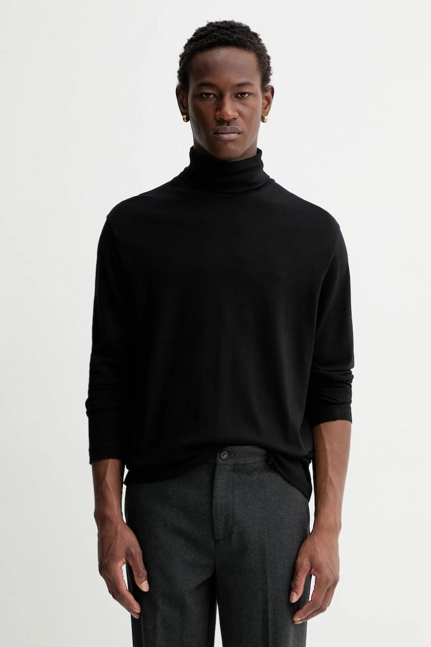 Tričko s dlhým rukávom s prímesou vlny Marc O'Polo čierna farba, jednofarebné, 530203252088