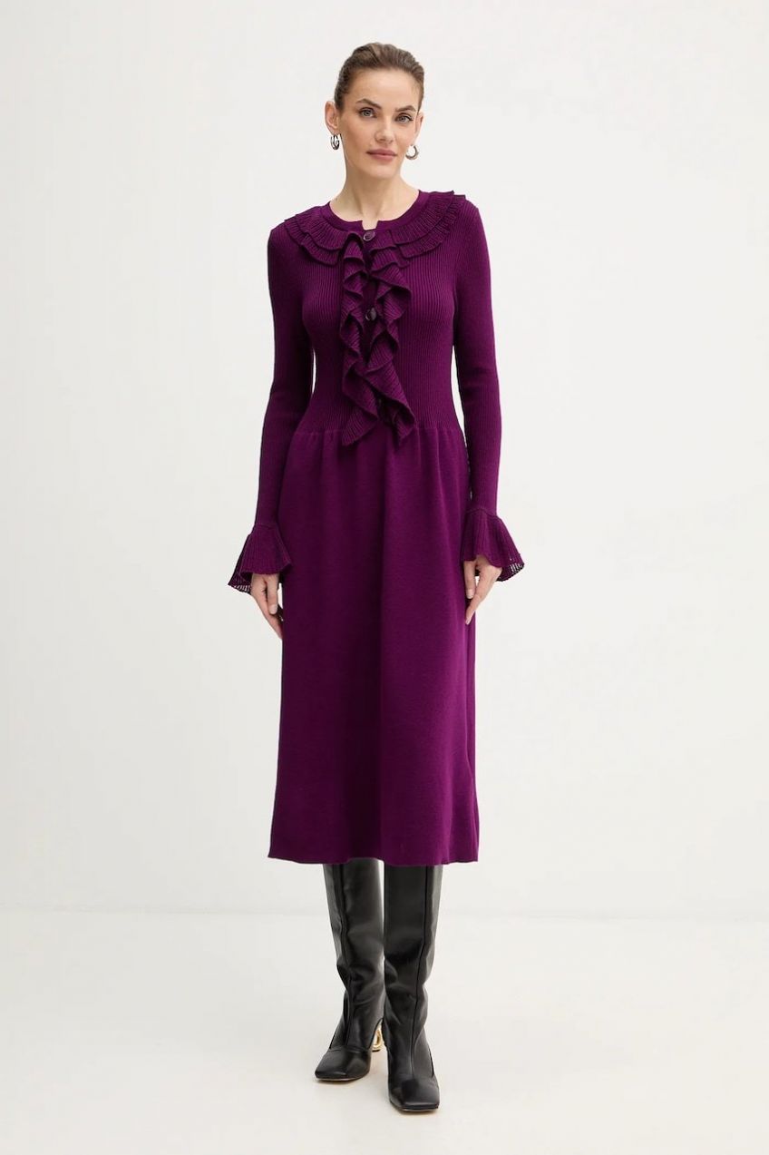 Vlnené šaty Luisa Spagnoli fialová farba, midi, áčkový strih, 100175