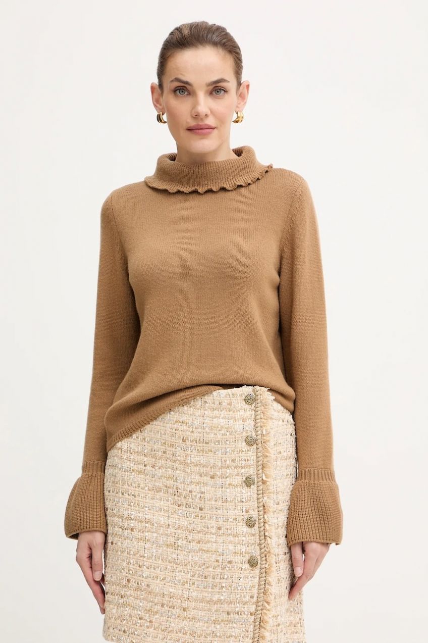 Vlnený sveter Luisa Spagnoli hnedá farba, s rolákom, 100236