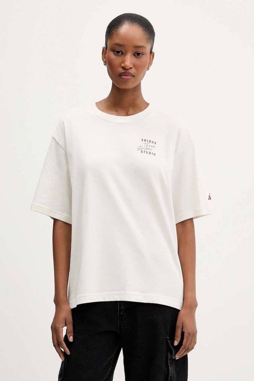 Bavlnené tričko adidas dámske, béžová farba, KT3275