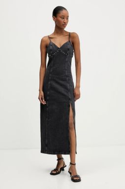 Rifľové šaty Tommy Jeans šedá farba, maxi, áčkový strih, DW0DW21634