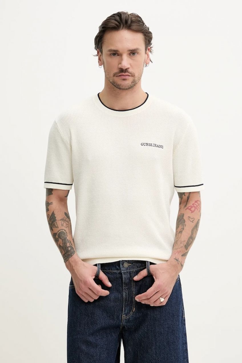 Bavlnené tričko Guess Jeans pánske, béžová farba, jednofarebné, M5GR17 Z3HM1