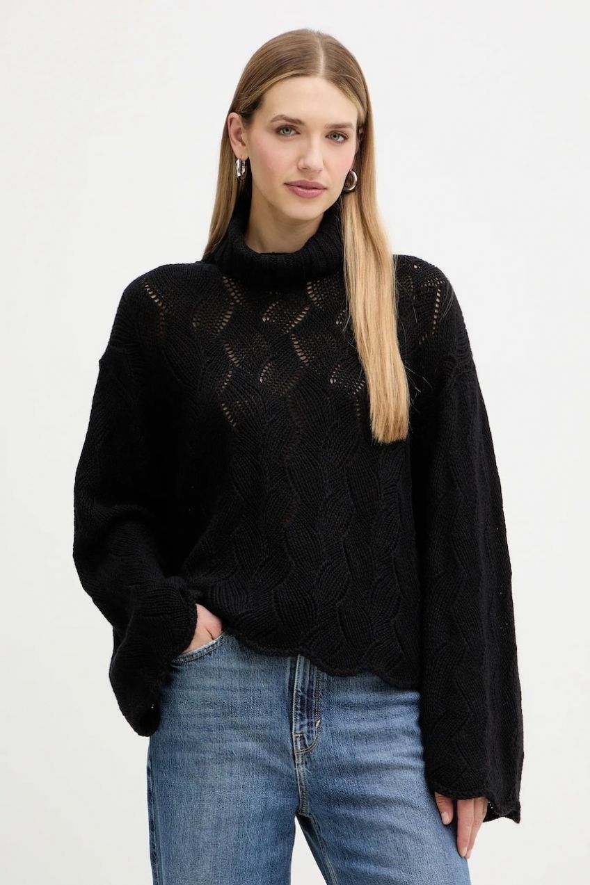 Sveter s prímesou vlny Twinset čierna farba, teplé, s rolákom, 252TT3424