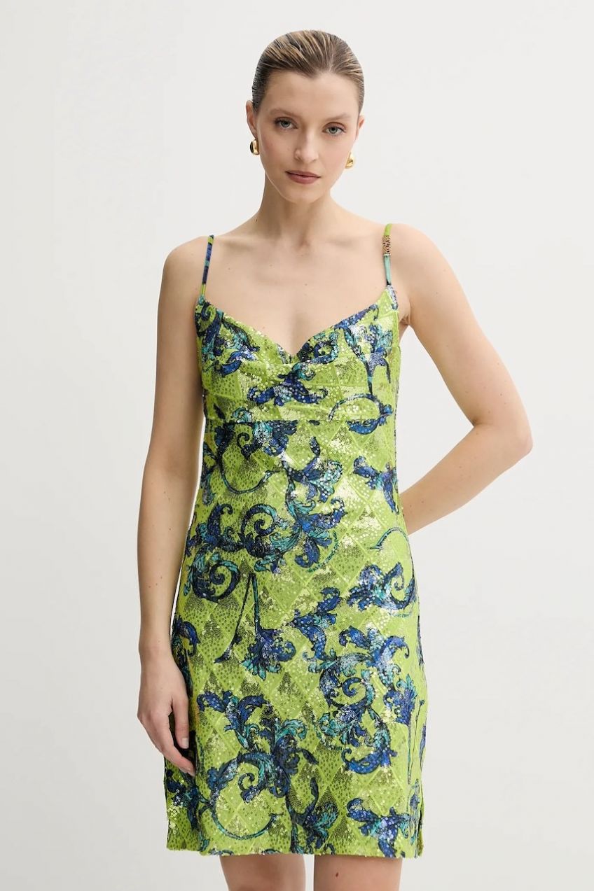 Šaty Versace Jeans Couture zelená farba, mini, rovný strih, 78HAO9B6 JS443