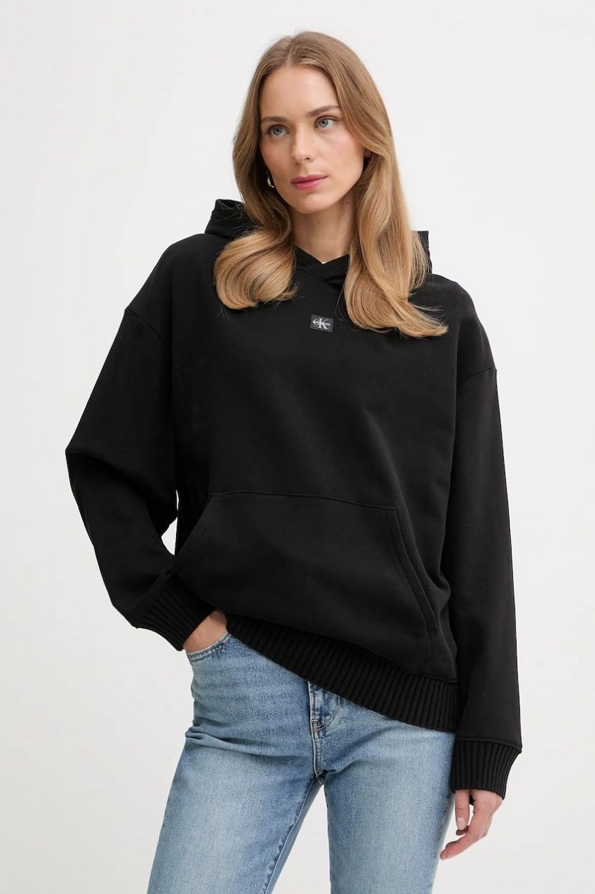 Bavlnená mikina Calvin Klein Jeans čierna farba, s kapucňou, jednofarebná, LV047D232G