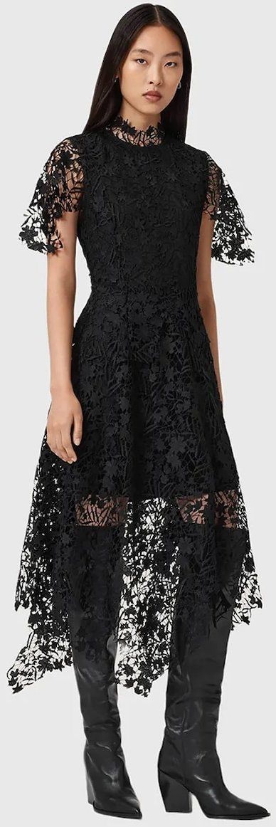 Šaty AllSaints čierna farba, midi, áčkový strih, W167DD