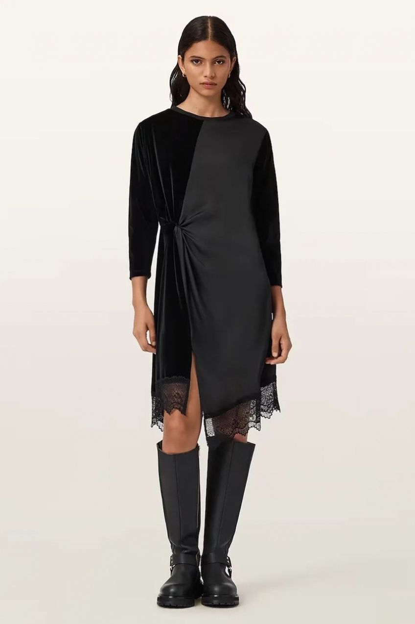 Zamatové šaty AllSaints čierna farba, mini, rovný strih, W211DD