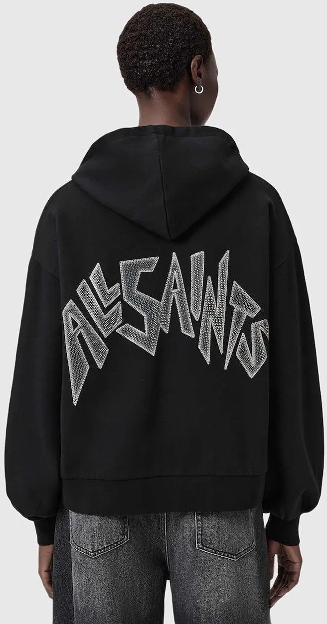 Bavlnená mikina AllSaints čierna farba, s kapucňou, s nášivkou, W090JD