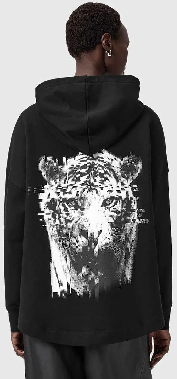 Bavlnená mikina AllSaints čierna farba, s kapucňou, vzorovaná, W107JD