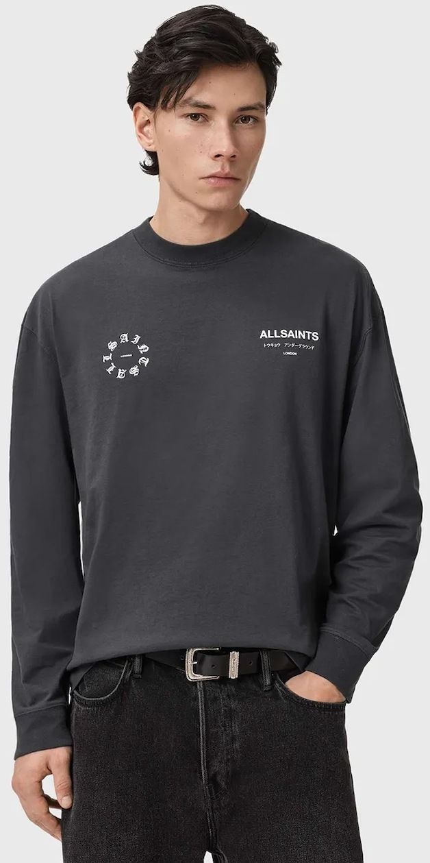 Bavlnené tričko s dlhým rukávom AllSaints šedá farba, vzorované, M043PD