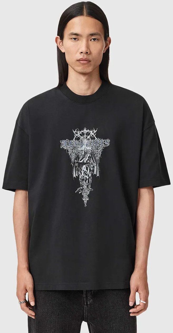 Bavlnené tričko AllSaints pánske, čierna farba, s potlačou, M030PD