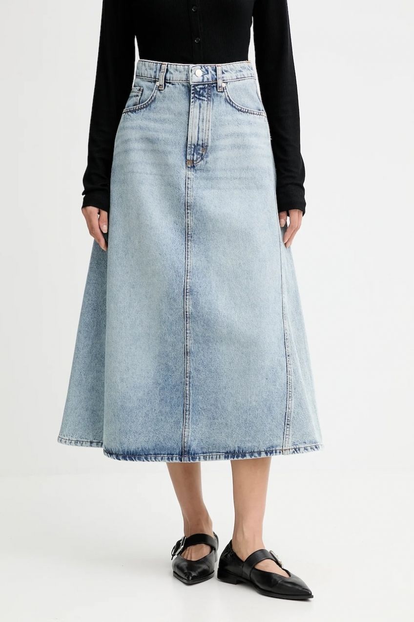 Rifľová sukňa Marc O'Polo modrá farba, midi, áčkový strih, 5000007233