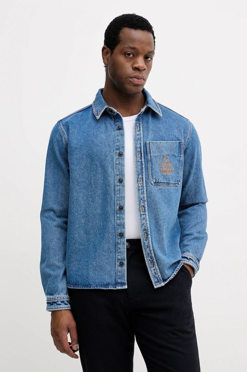 Rifľová košeľa Trussardi modrá farba, voľný strih, s klasickým golierom, 54038000018N