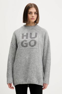 Sveter s prímesou vlny HUGO šedá farba, teplé, 50548245
