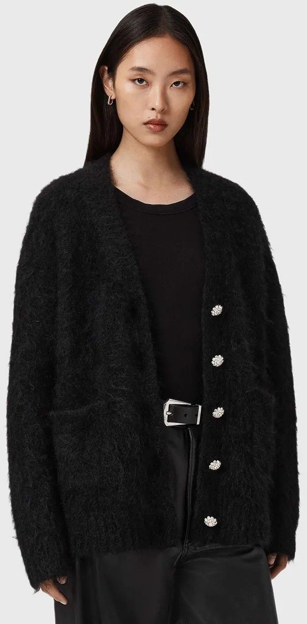 Vlnený kardigán AllSaints čierna farba, W077KD