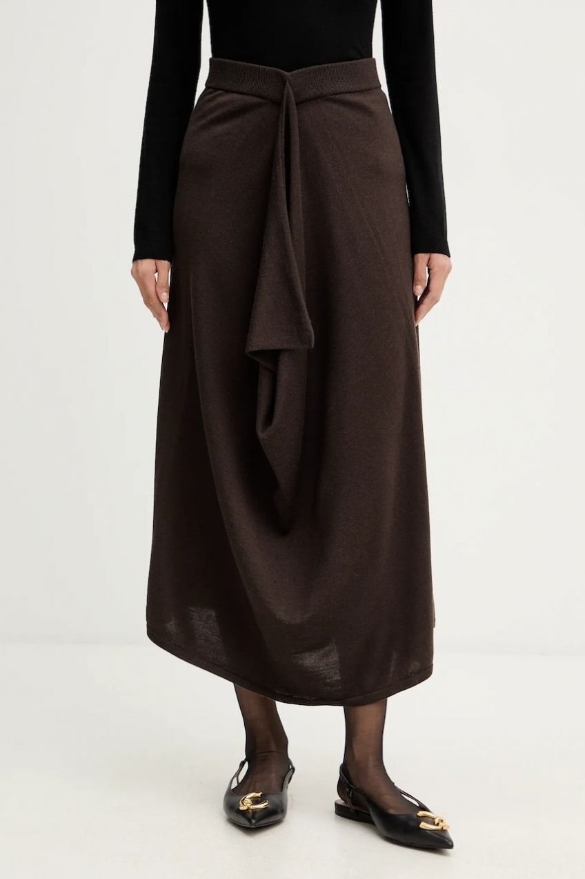 Vlnená sukňa Liviana Conti hnedá farba, midi, rovný strih, L5WA28